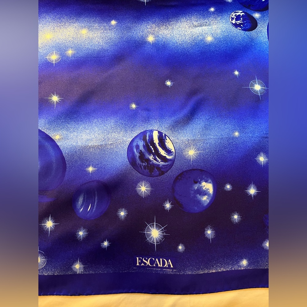 RARE Vtg Escada silk scarf Italy planet Stars Solar system hand rolled 35x35